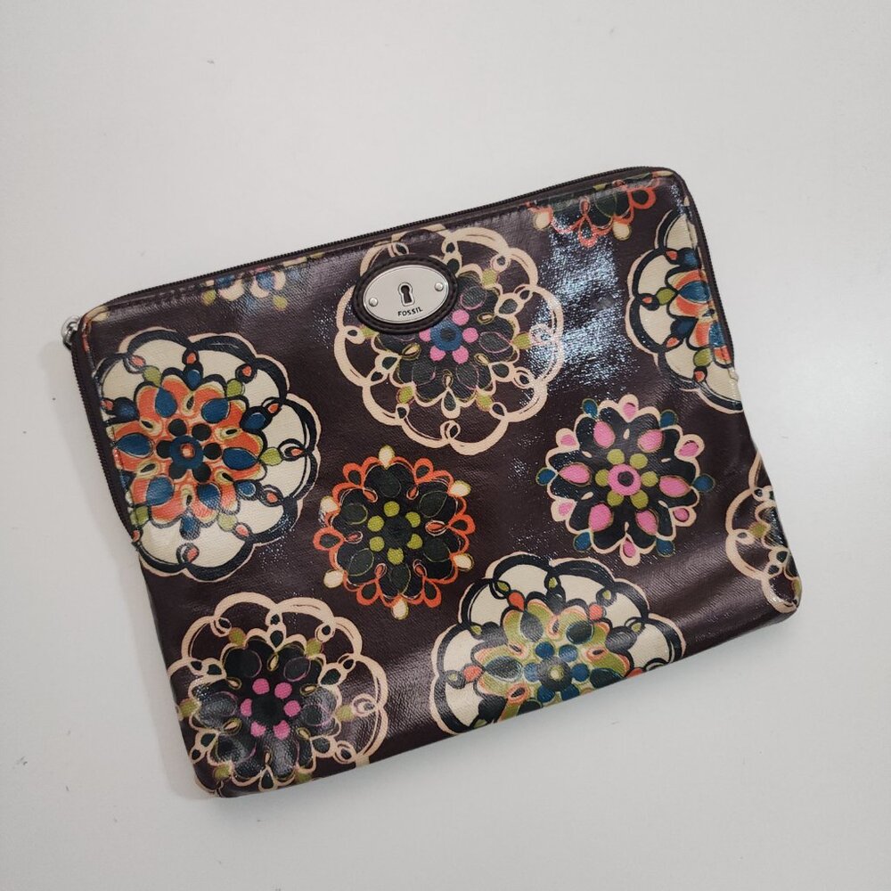 Fossil Floral Medallion Tablet Sleeve Brown Zip Case Boho 10x8 - Picture 2 of 11